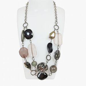 Gunmetal Chain Statement Necklace Zebra Print Beads Faceted Artisan 17" - 19"